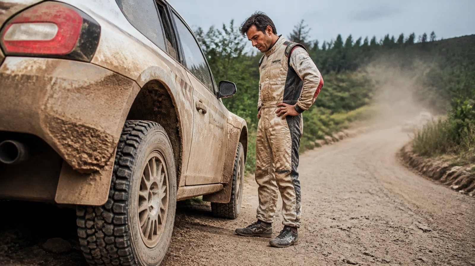 Pneu de veículo rally em alta velocidade na terra, com poeira e ação fotorrealista cotidiana