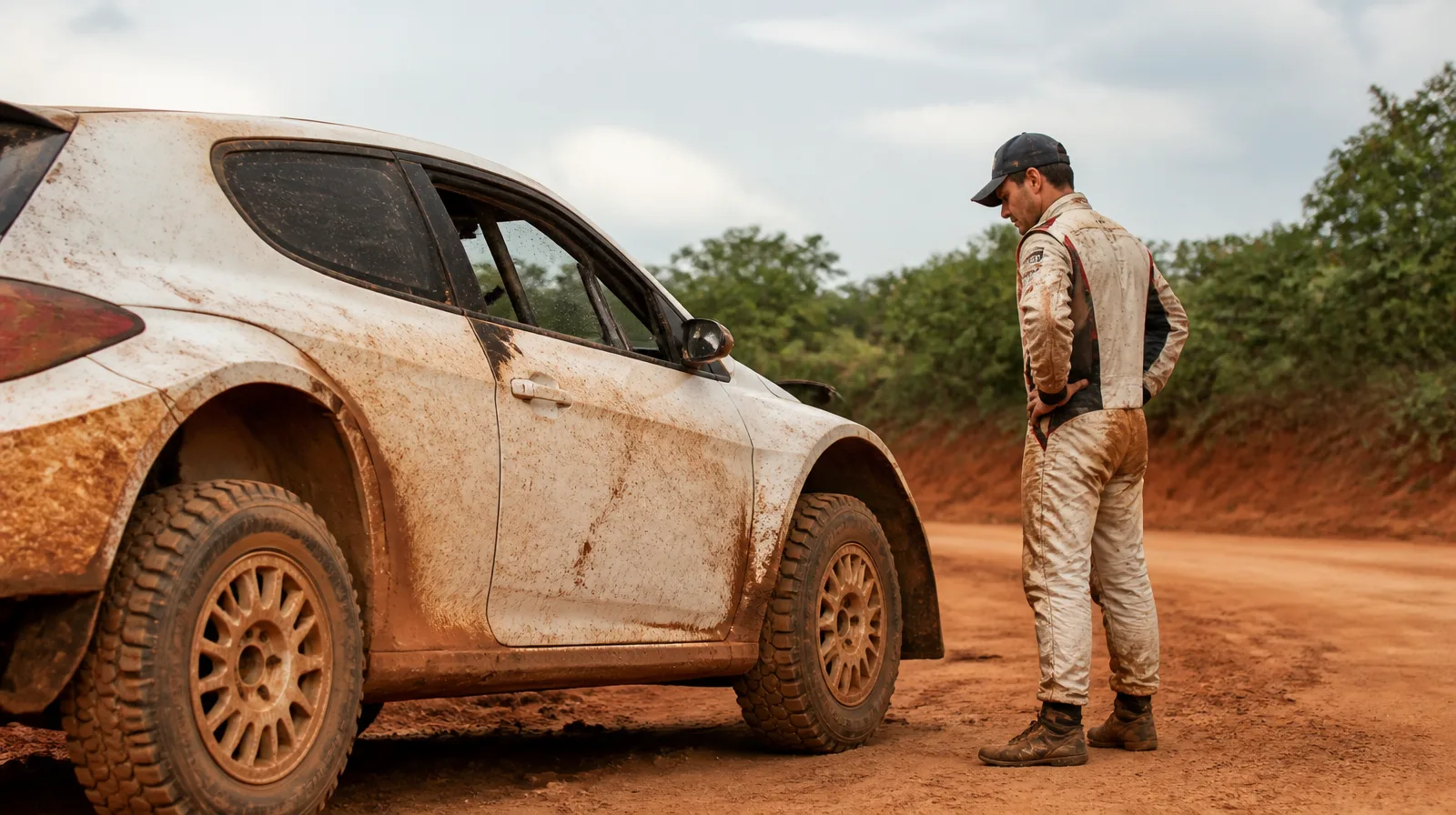 Pneu de veículo rally em pista de terra, com lama e alta velocidade, destacando desempenho e resistência
