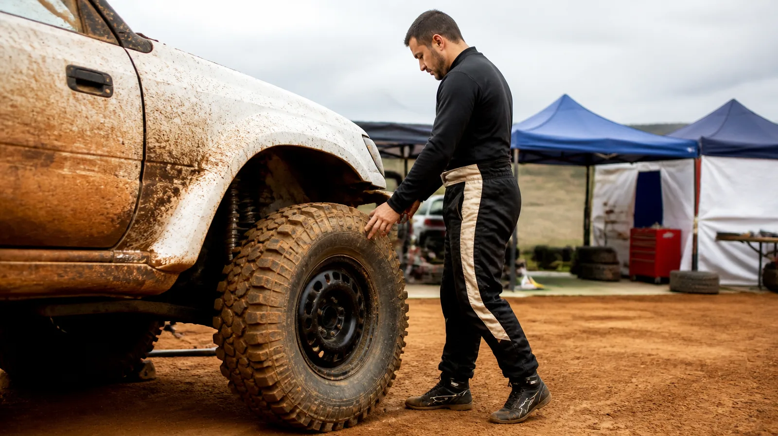 Pneu de veículo de rally em trecho de terra com aplicação técnica de blindagem preventiva.