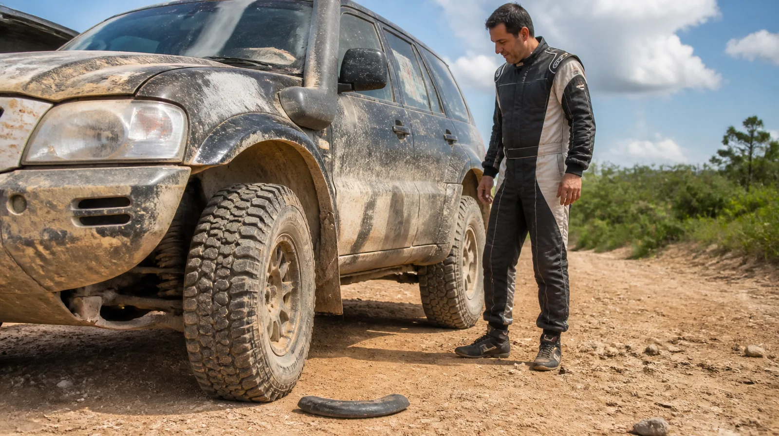 Pneu de veículo rally em alta performance na terra, com poeira e visual fotorrealista para competição