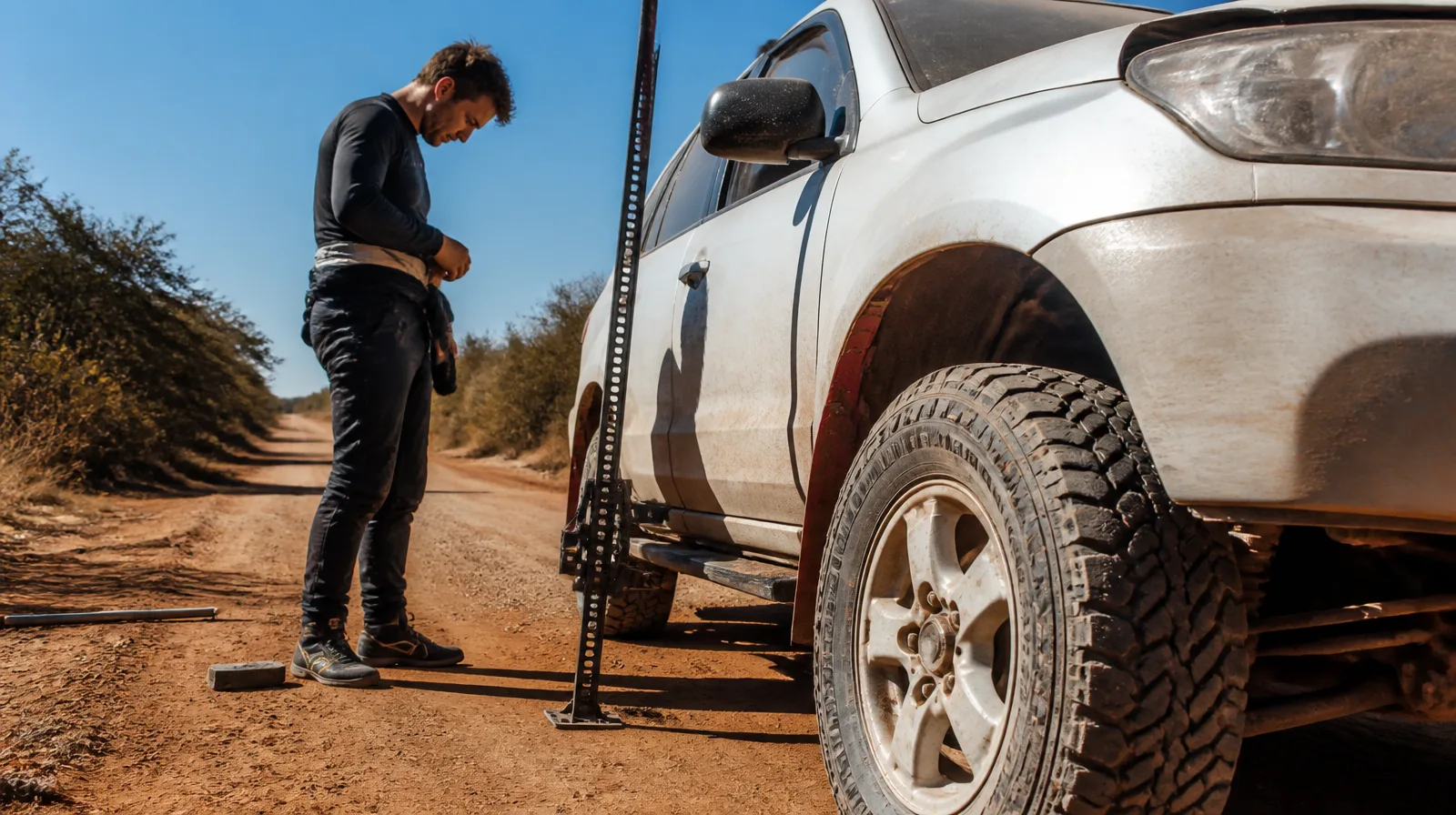 Pneu de rally em veículo fotorrealista atravessando terreno acidentado com poeira e lama levantadas