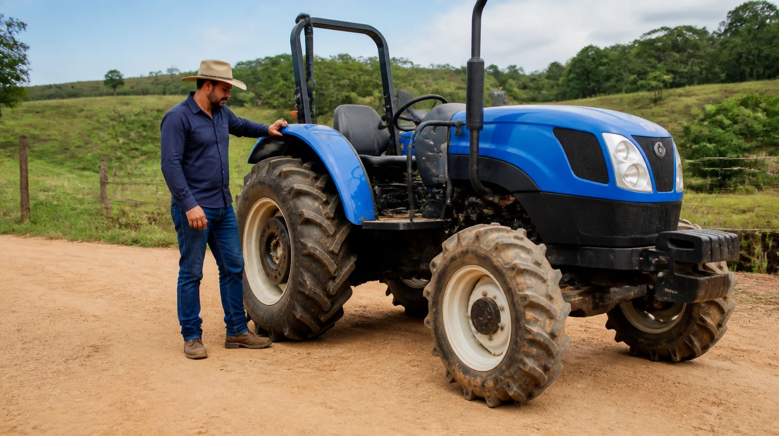Pneu de veículo rural-leve em estrada de terra, com textura realista e uso no campo