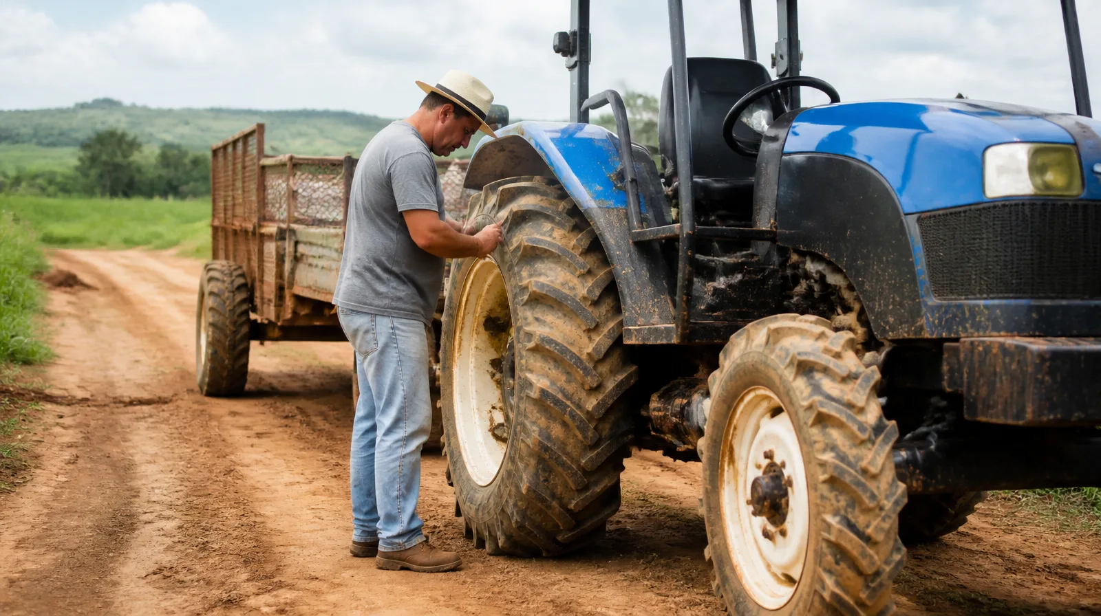 Trator de porte leve e implemento em área rural com foco nos pneus em operação de campo
