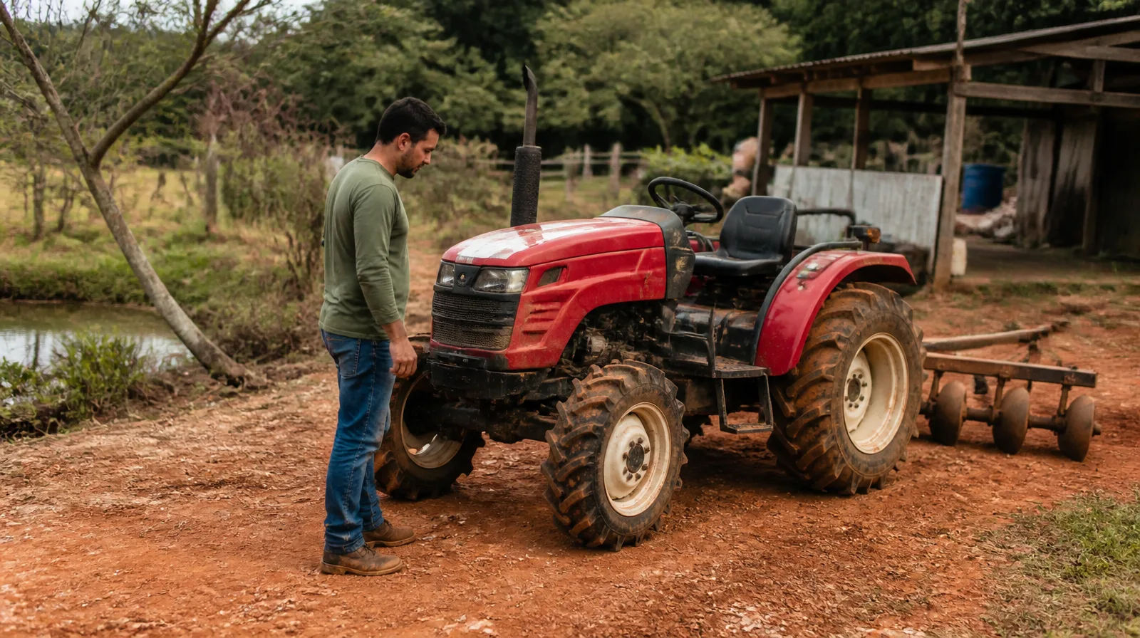 Pneu de veículo rural-leve em estrada de terra, destacando robustez e desempenho no campo