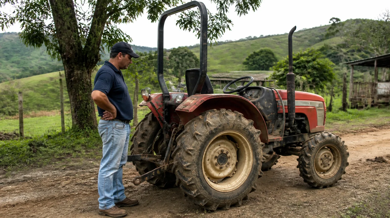 Pneu de veículo rural-leve em estrada de terra com aspecto fotorrealista e robusto
