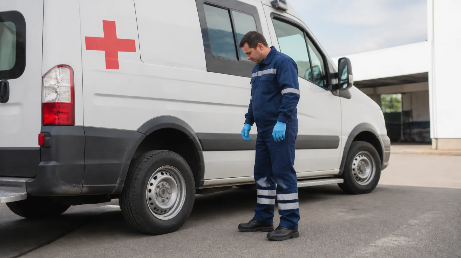 Ambulância em operação com foco nos pneus em deslocamento urbano para atendimento de saúde.