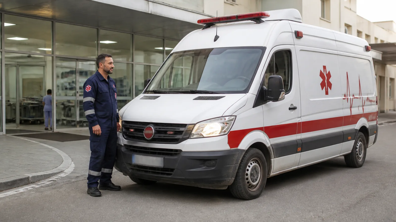 Pneu de veículo em ambiente de saude, simbolizando mobilidade segura e cuidado no transporte de pacientes