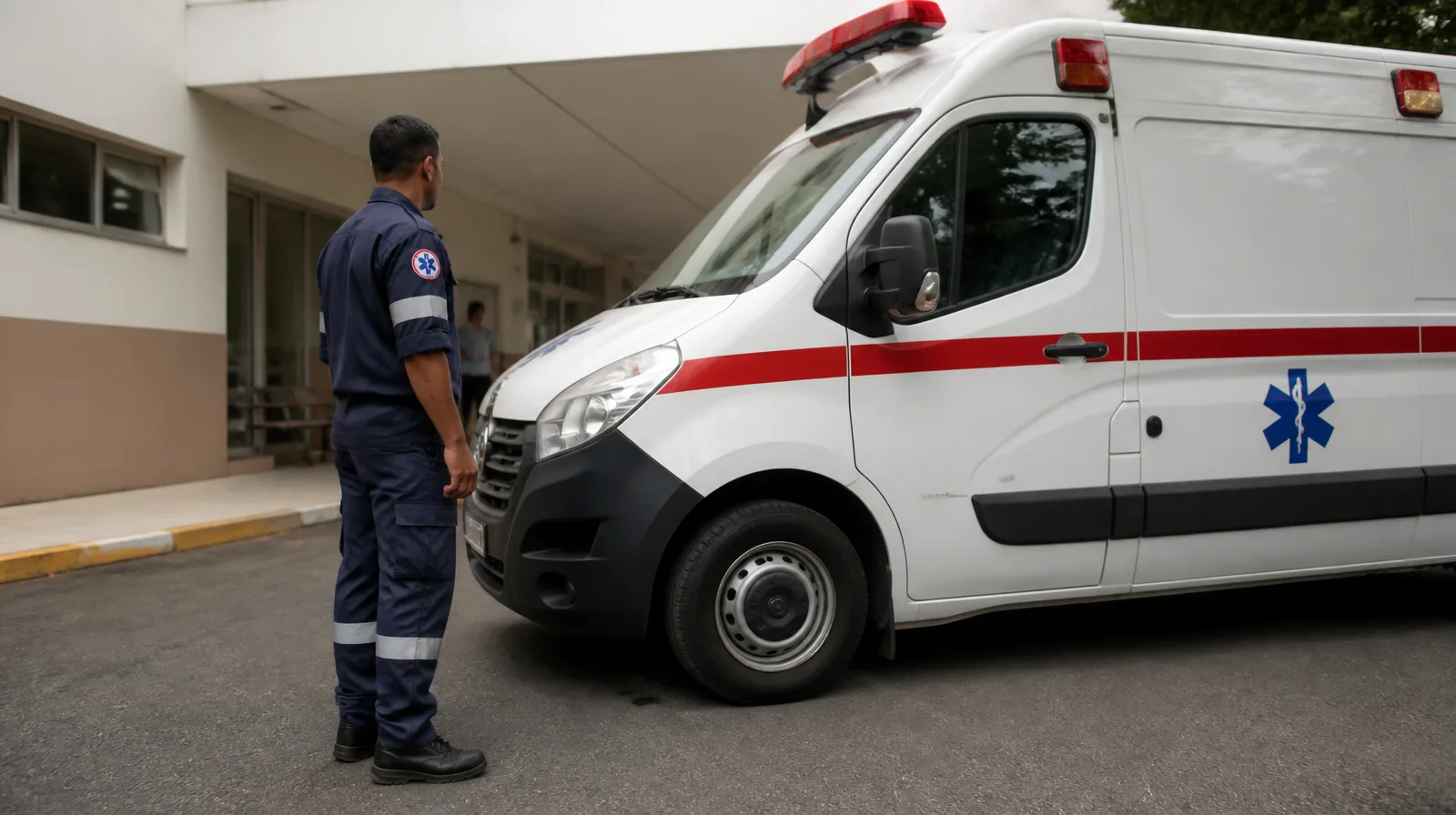 Pneu de veículo em ambiente de saude, fotorrealista, destacando cuidado e segurança no transporte