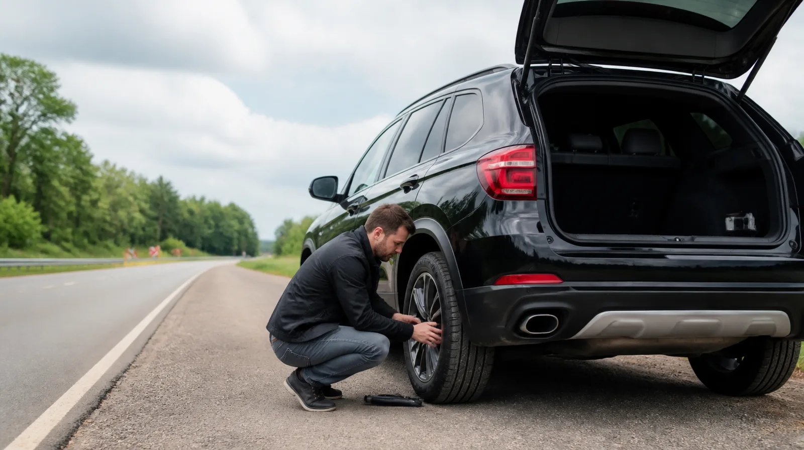 SUV premium em piso urbano e trecho irregular, com foco técnico na blindagem de pneu.