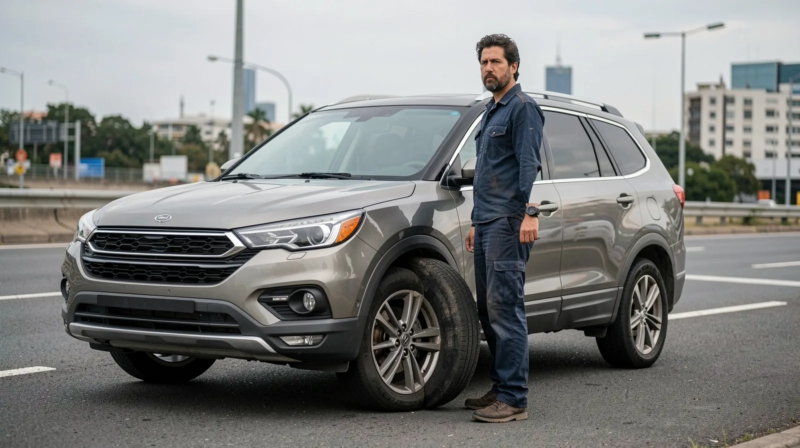 Pneu de suv-premium em veículo fotorrealista com acabamento sofisticado e alto desempenho em destaque