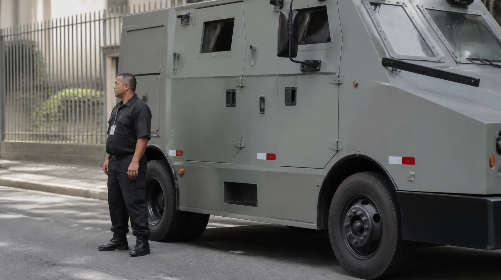 Pneu de veículo blindado para transporte-de-valores em cenário urbano fotorrealista
