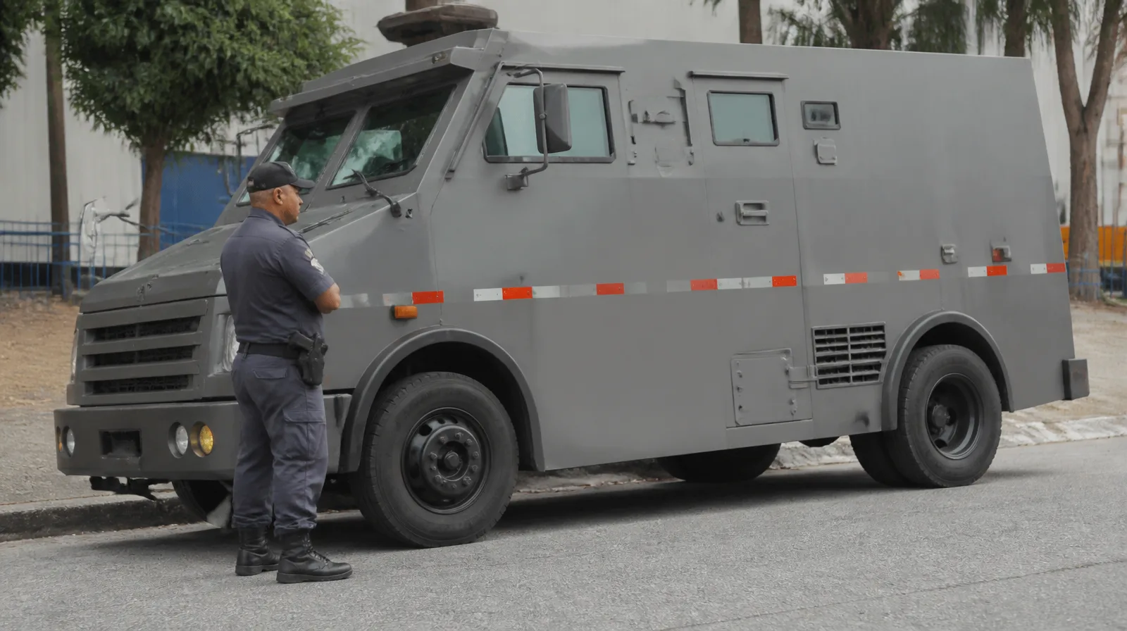 Pneu de veículo de transporte-de-valores em cenário fotorrealista, robusto e seguro