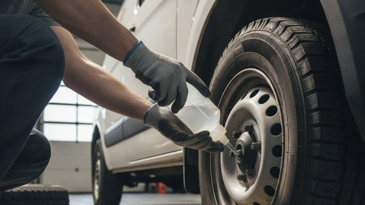 Selante para pneu de van sendo aplicado em pneu de utilitário antifuro de carga leve