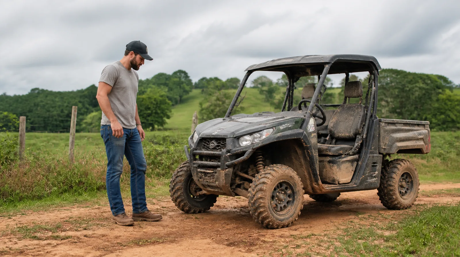UTV em destaque com pneu robusto em trilha de terra, pronto para alta performance off-road