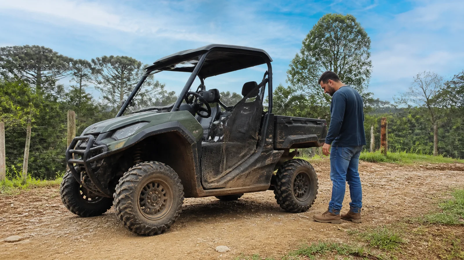 UTV fotorrealista em terreno off-road com pneus robustos e suspensão elevada para aventura extrema