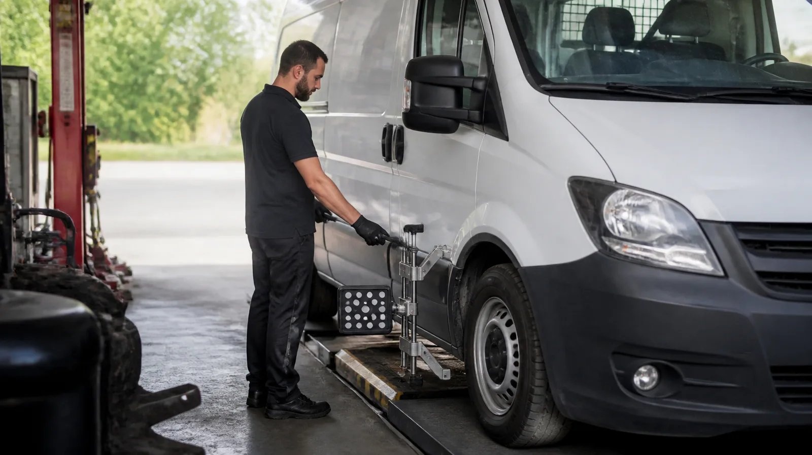 Utilitários em oficina com pneu de veículo alemão em close, destacando que o balanceamento de carro alemão é sensível e o sel