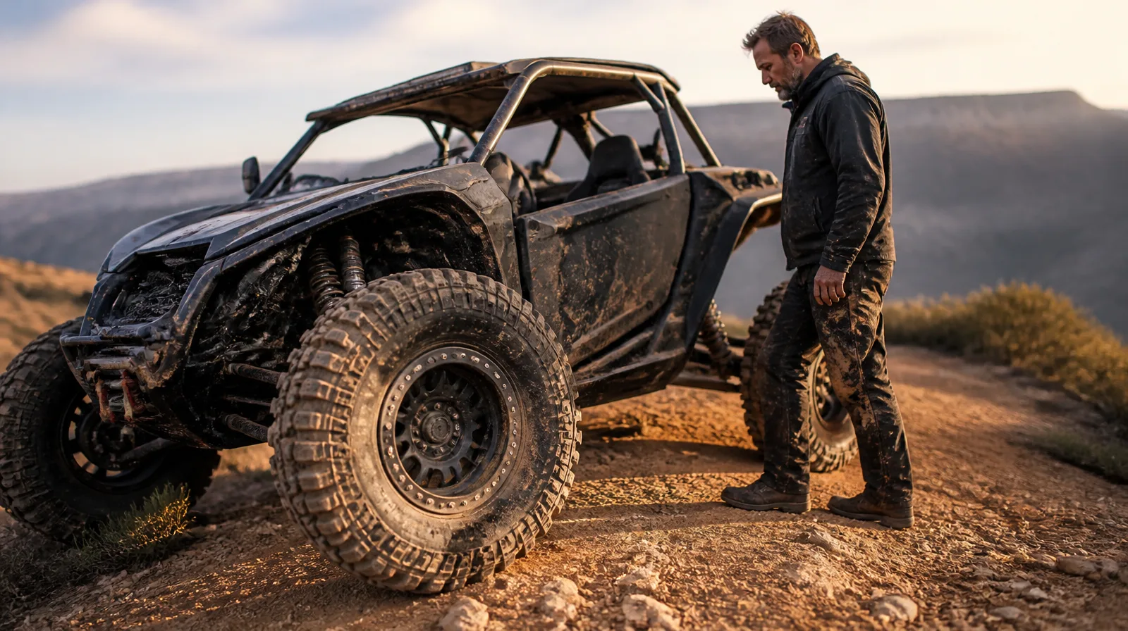 Pneu de veículo Off-road esportivo em trilha de terra com lama e suspensão robusta em ação