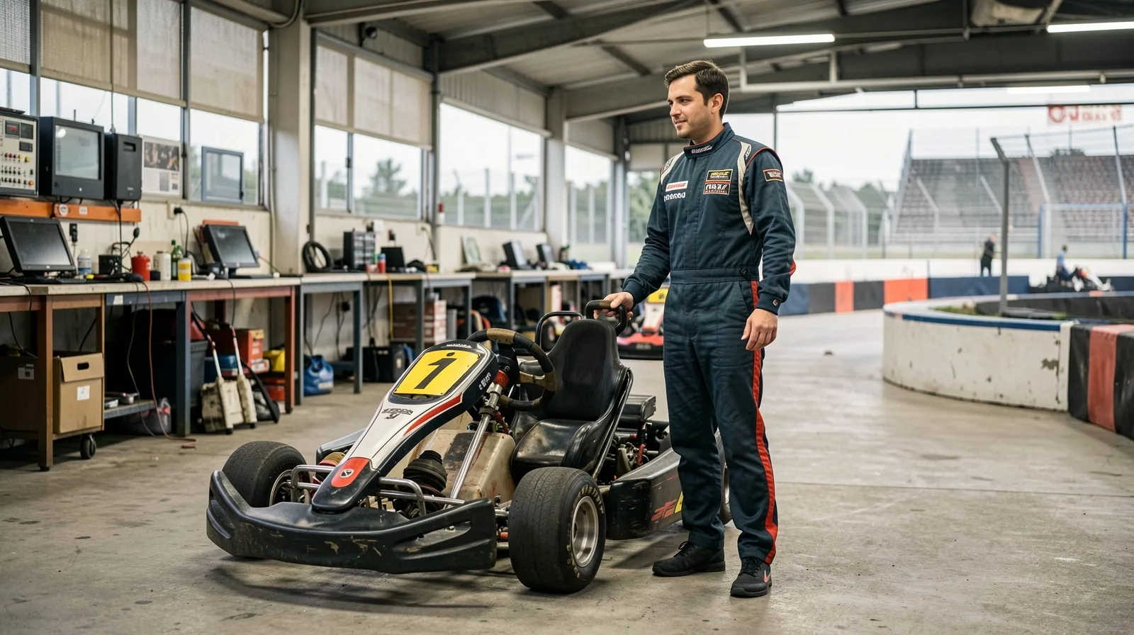 Pneu de karting em alta aderência na pista, com veículo de competição em movimento fotorrealista