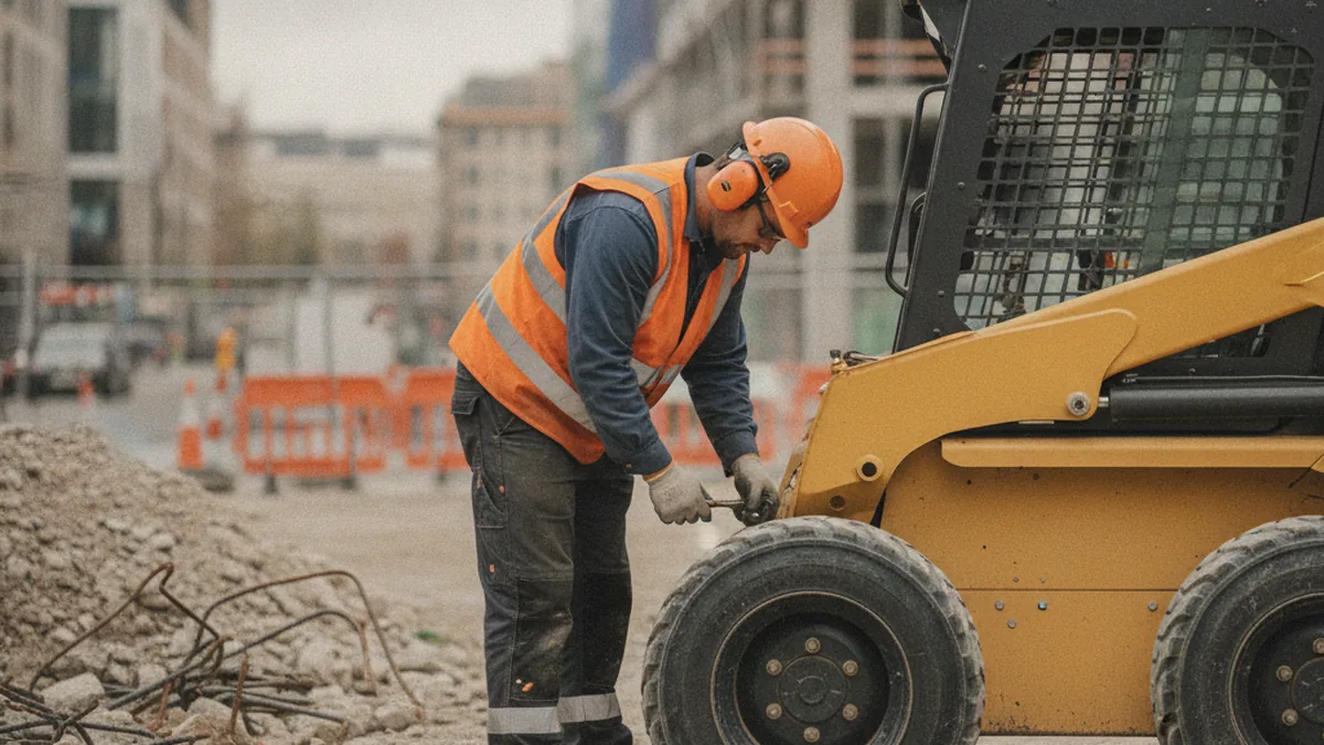 Borracheiro aplicando dose pela válvula do pneu de uma mini carregadeira em pátio de obra