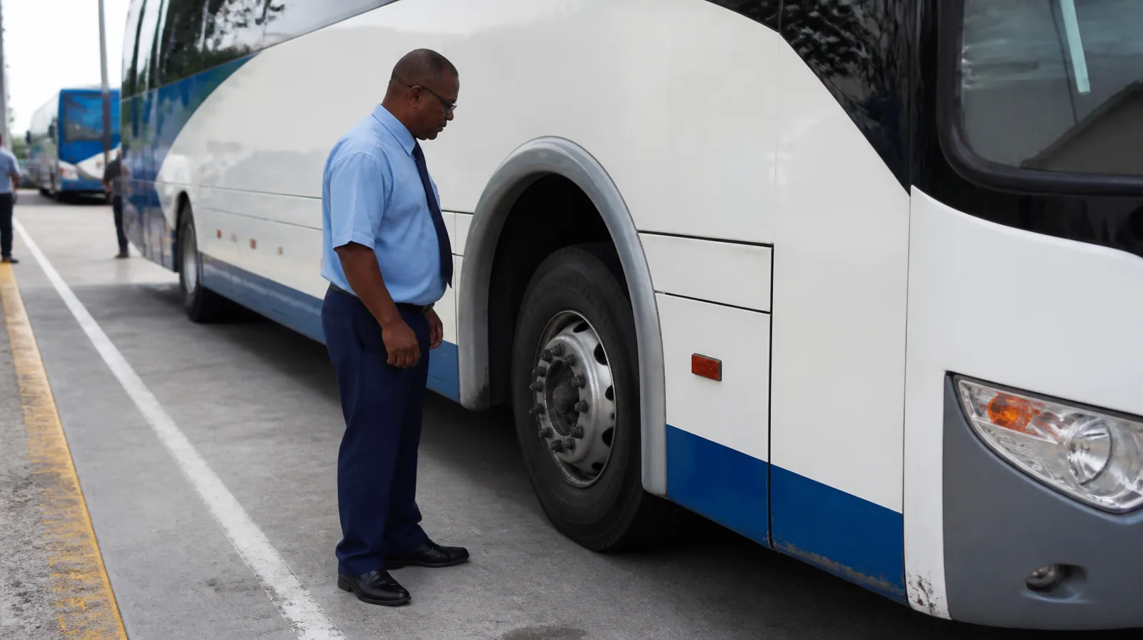 Ônibus com pneu em destaque em cena fotorrealista para manutenção e segurança veicular