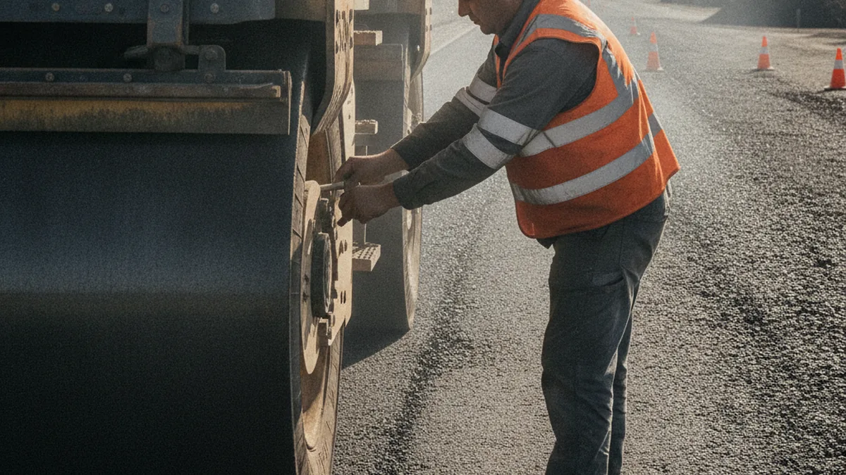 Borracheiro aplicando dose pela valvula do pneu de um rolo de pneus em canteiro de pavimentacao