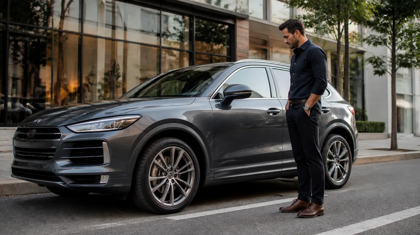 Pneu de suv-premium em close fotorrealista com acabamento sofisticado e destaque para alta performance
