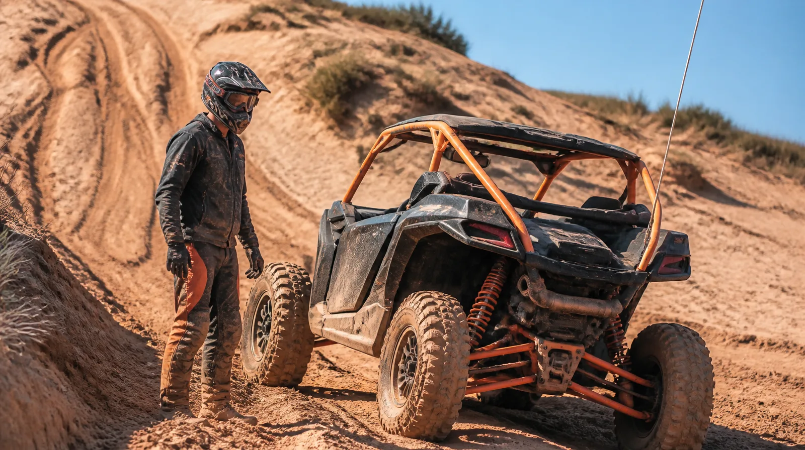 Pneu de veículo off-road esportivo em trilha acidentada com lama e poeira, pronto para alta performance