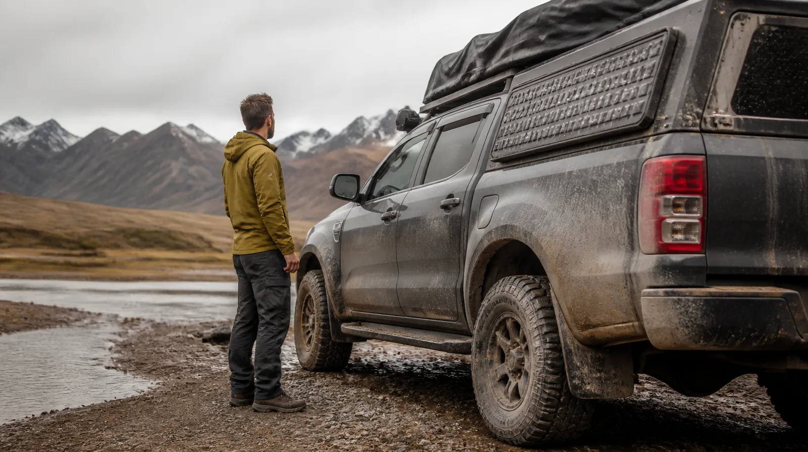 Pneu de veículo overland em terreno acidentado com poeira e lama, pronto para aventura off-road