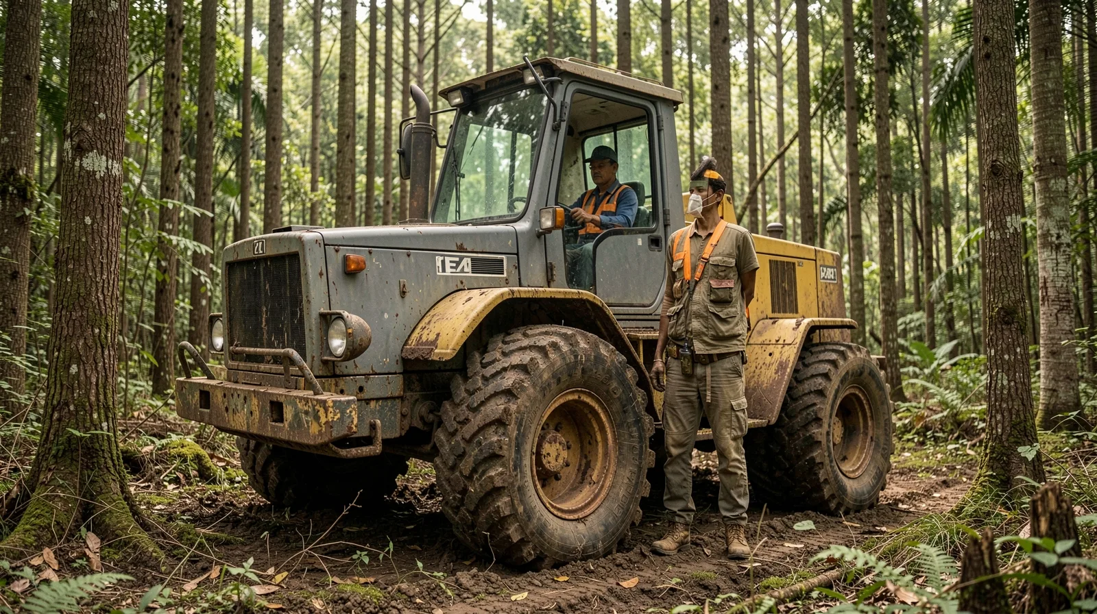 Pneu florestal em veículo robusto em estrada de terra úmida com lama e vegetação densa ao redor