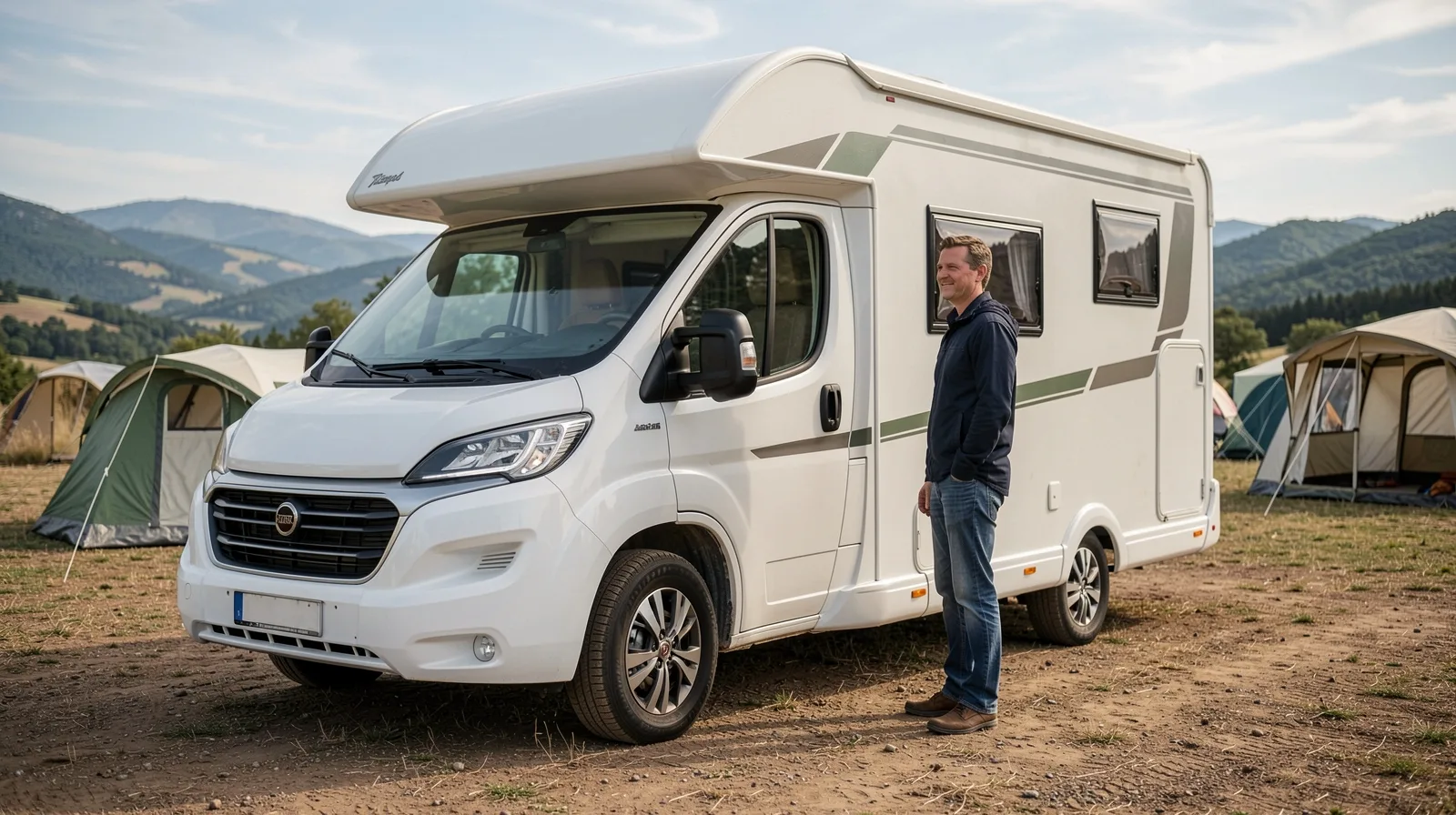 Motorhome em estrada com pneu em destaque, transmitindo robustez e segurança na viagem