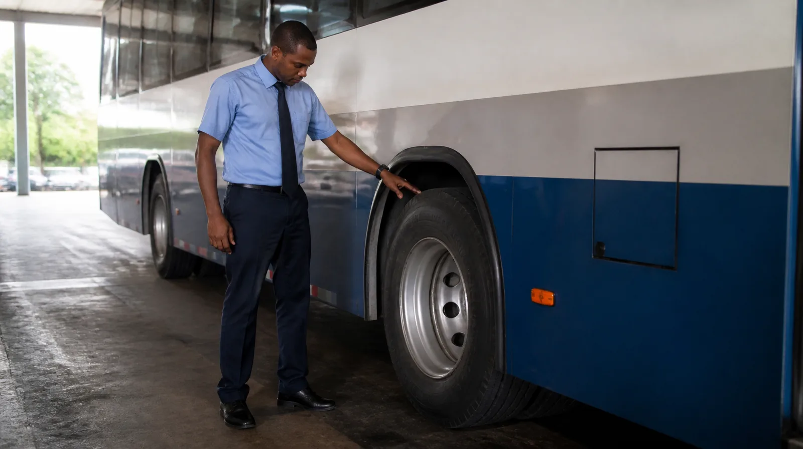 Ônibus em movimento com pneus de alta performance, destacando segurança e durabilidade no transporte rodoviário