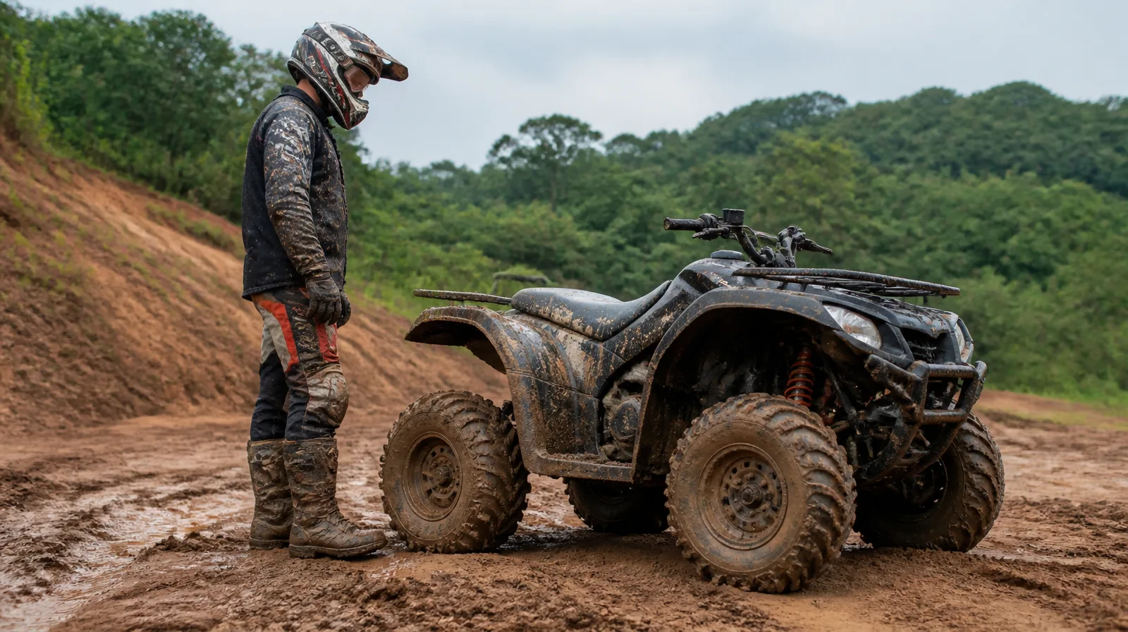 Pneu de veículo off-road esportivo em terreno acidentado com visual fotorrealista e robusto