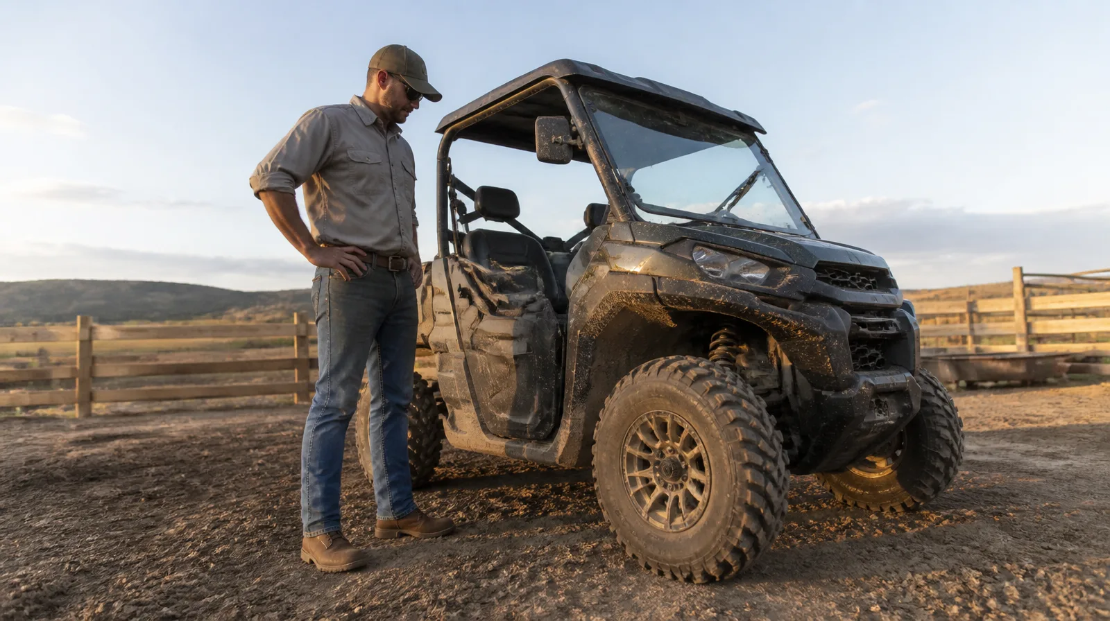 Pneu de utv em terreno off-road com poeira e iluminação realista para uso extremo
