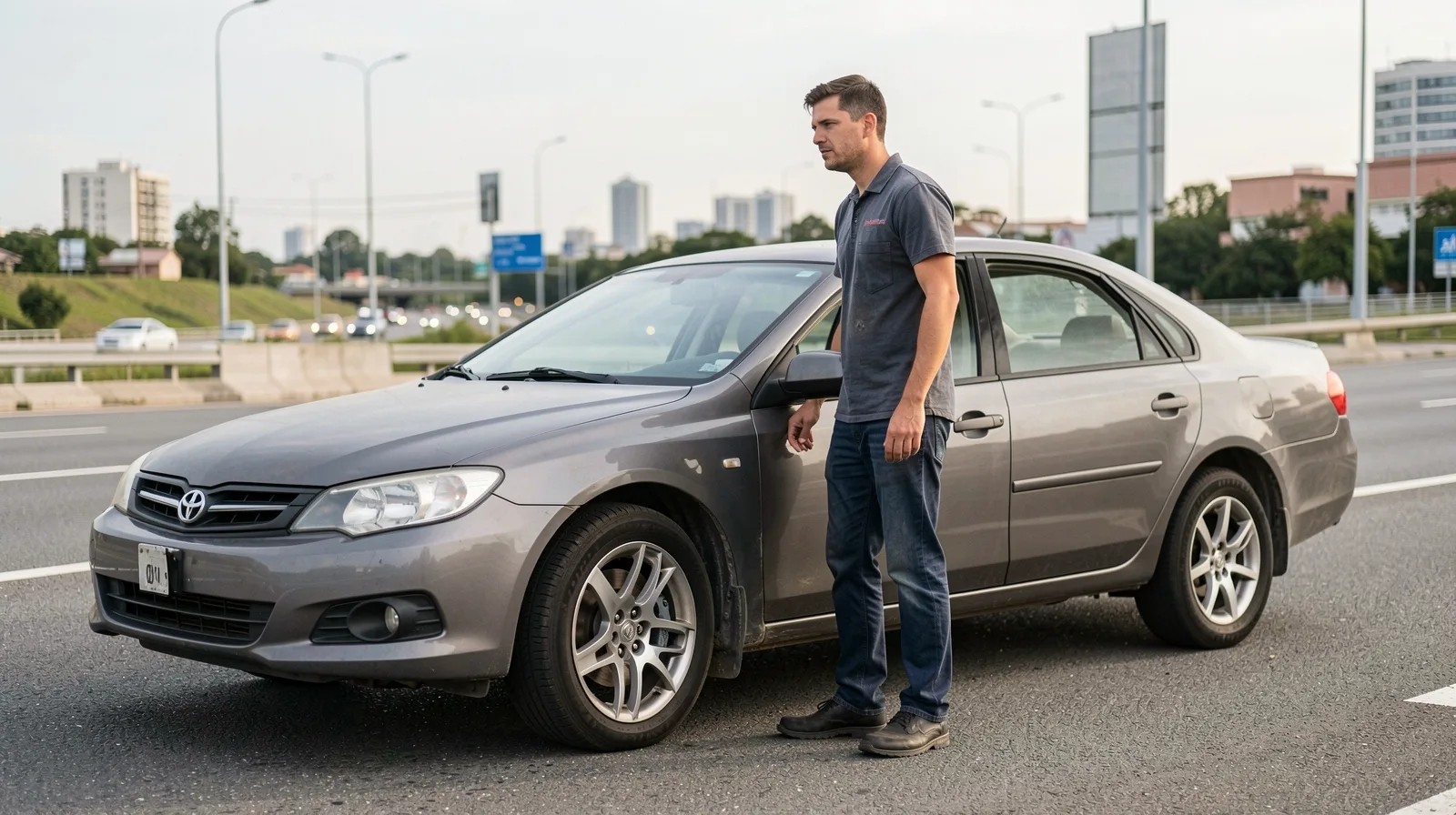 Pneu de automoveis em close com carro fotorrealista na oficina, destacando segurança e desempenho