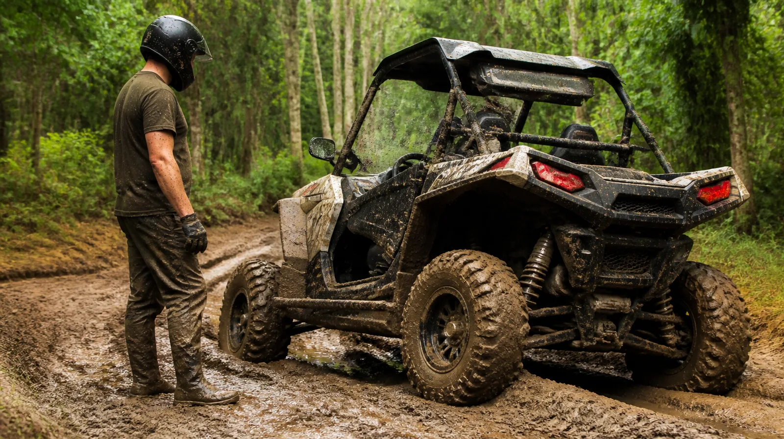 Pneu off-road em veículo robusto enfrentando terreno acidentado com lama e pedras