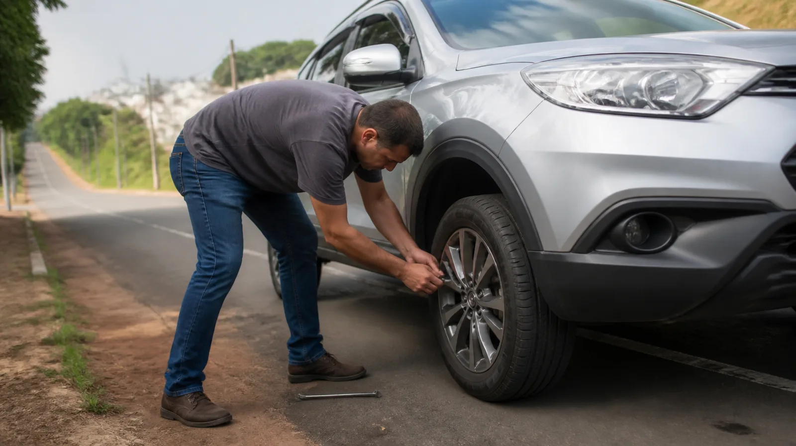Pneu de SUV de médicos e representantes farmacêuticos com vedação de pneu em Frotas de Saúde em cenário fotorrealista