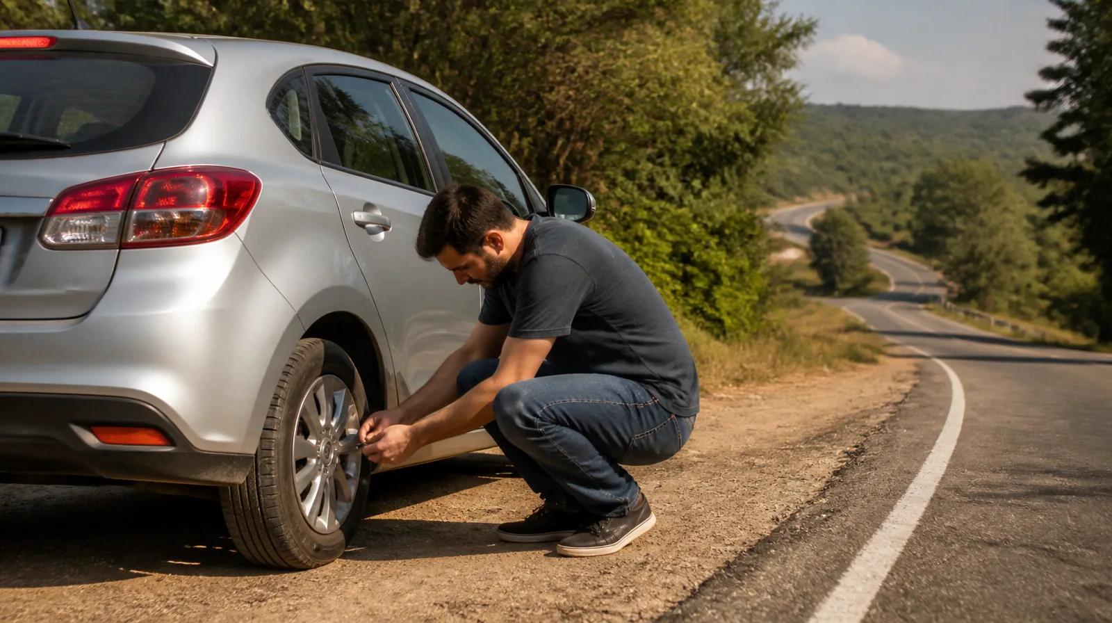 Pneu de automóvel em asfalto molhado com tecnologia zero furo e segurança reforçada