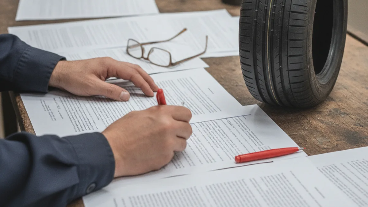 Provas impressas de um texto tecnico com caneta de revisao sobre a mesa
