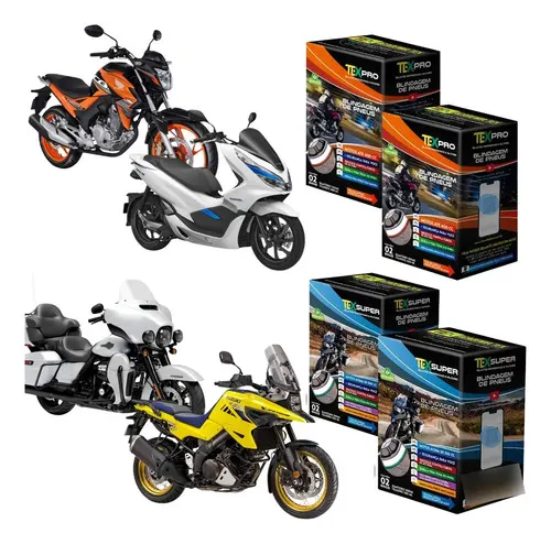 TEX PRO + TEX SUPER — selantes para pneu de moto até 400cc e acima de 400cc · 4 kits