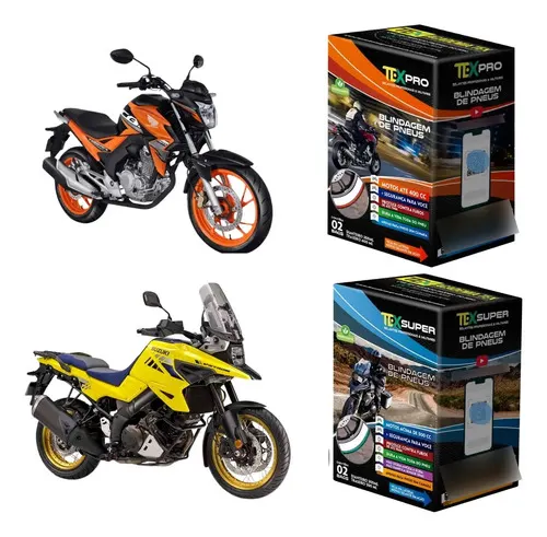 TEX PRO + TEX SUPER — selantes para pneu de moto até 400cc e acima de 400cc · 2 kits