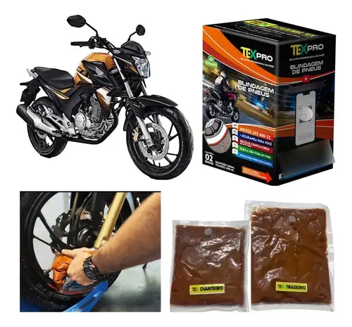 TEX PRO — selante para pneu de moto até 400cc · Caixa com 2 bags
